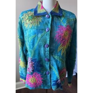 Anage Silk Beaded Jacket XL Floral Art Turquoise Pink